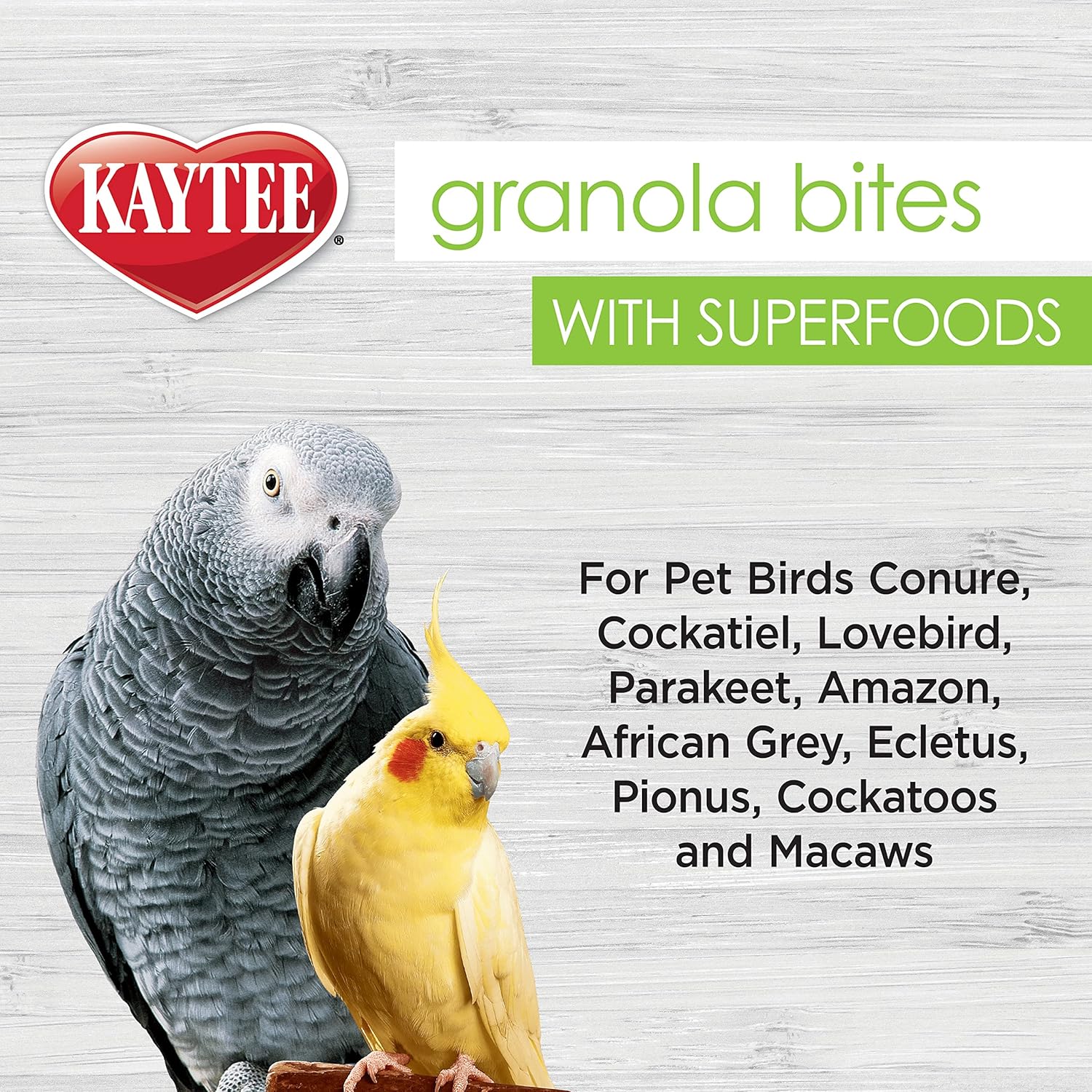 Kaytee Granola Bites with Super Foods Spinach and Kale for Pet Birds, Conure, Cockatiel, Lovebird, Parakeet, Amazon, African Grey, Ecletus, Pionus, Cockatoos and Macaws, 4.50 Ounce (Pack of 1) : Pet Supplies