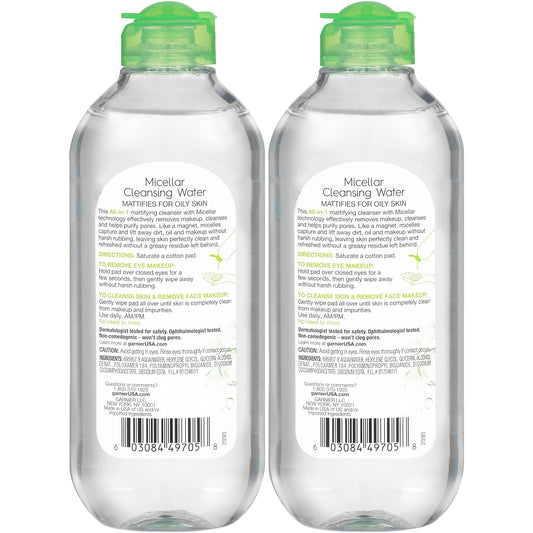 Garnier Micellar Water for Oily Skin, Facial Cleanser & Makeup Remover, 13.5 Fl Oz (400mL) 2 Count (Packaging May Vary)
