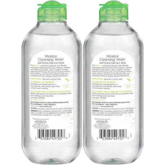 Garnier Micellar Water For Oily Skin, Facial Cleanser & Makeup Remover, Mattifying, For All Skin Types, Vegan, Cruelty Free, 13.5 Fl Oz (400Ml), 2 Count