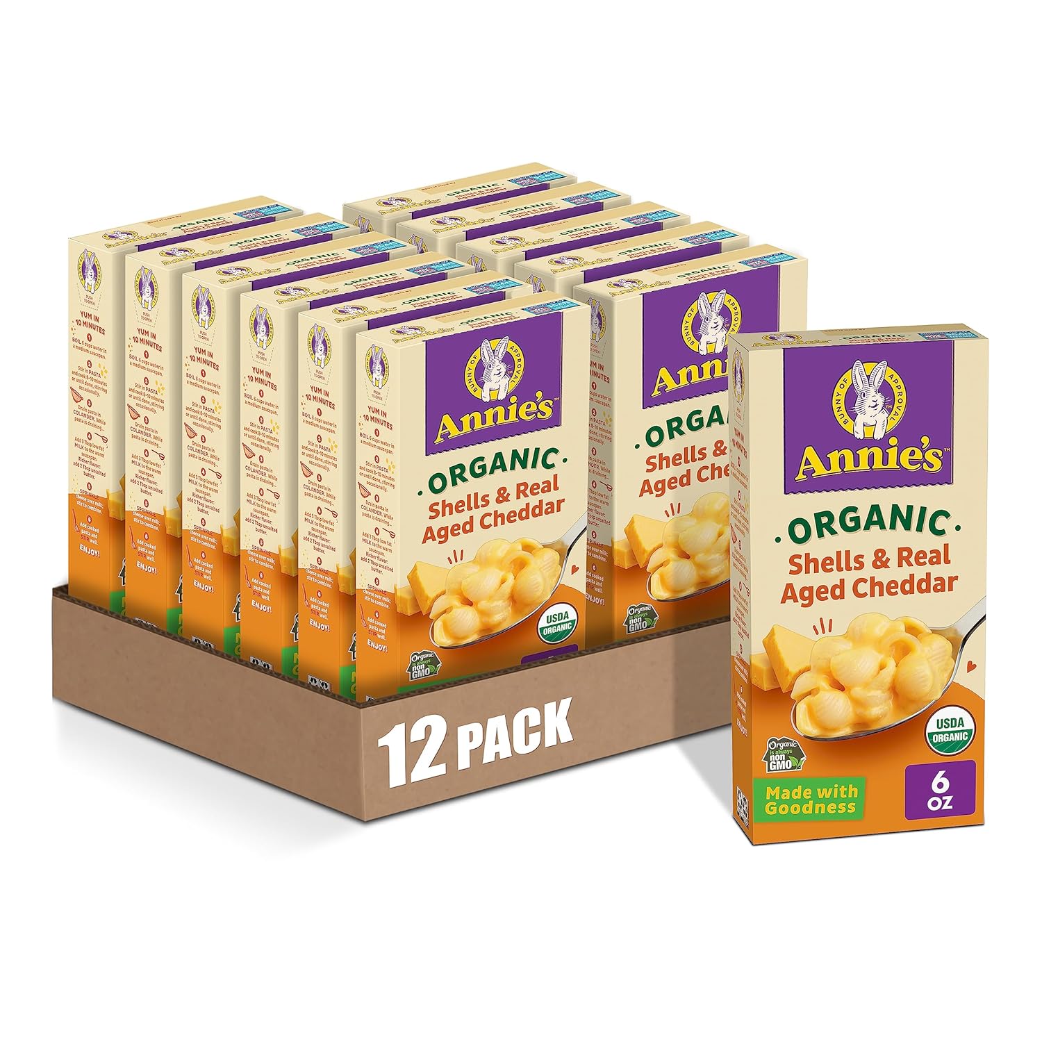 Annie’S Shells Real Aged Cheddar Organic Mac And Cheese Dinner With Organic Pasta, 6 Oz (Pack Of 12)