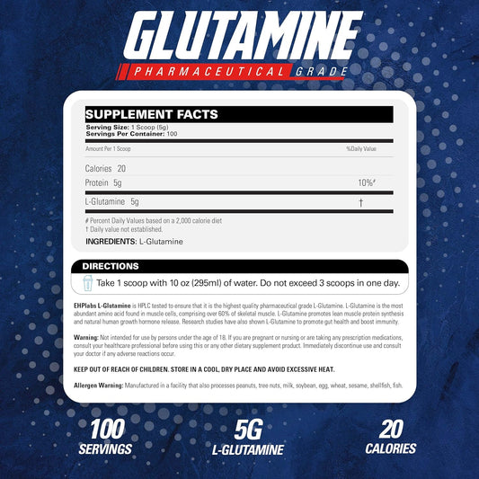 Ehp Labs L Glutamine Powder Amino Acids - L-Glutamine, Workout Recovery, Immune Health & Gut Health Support (500G) - 100 Servings