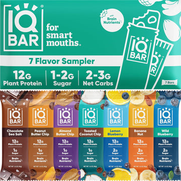 Iqbar Brain And Body Plant Protein Bars - 7 Bar Sampler Pack - Low Carb, High Fiber, Gluten Free, Healthy Vegan Snacks - Low Sugar Keto Energy Bars