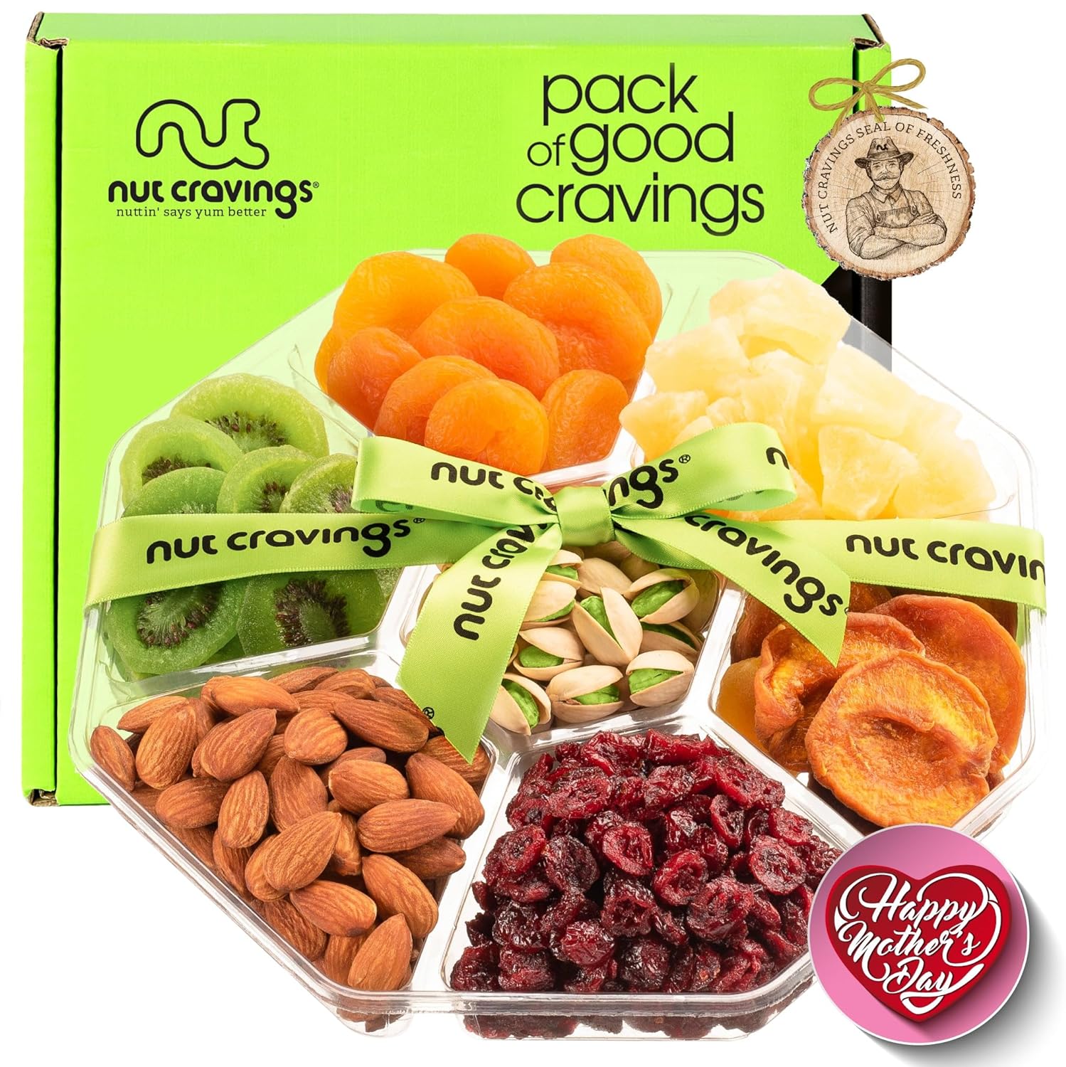 Nut Cravings Gourmet Collection - Mothers Day Dried Fruit & Mixed Nuts Gift Basket + Green Ribbon (7 Assortments, 1 LB) Arrangement Platter, Birthday Care Package - Healthy Kosher