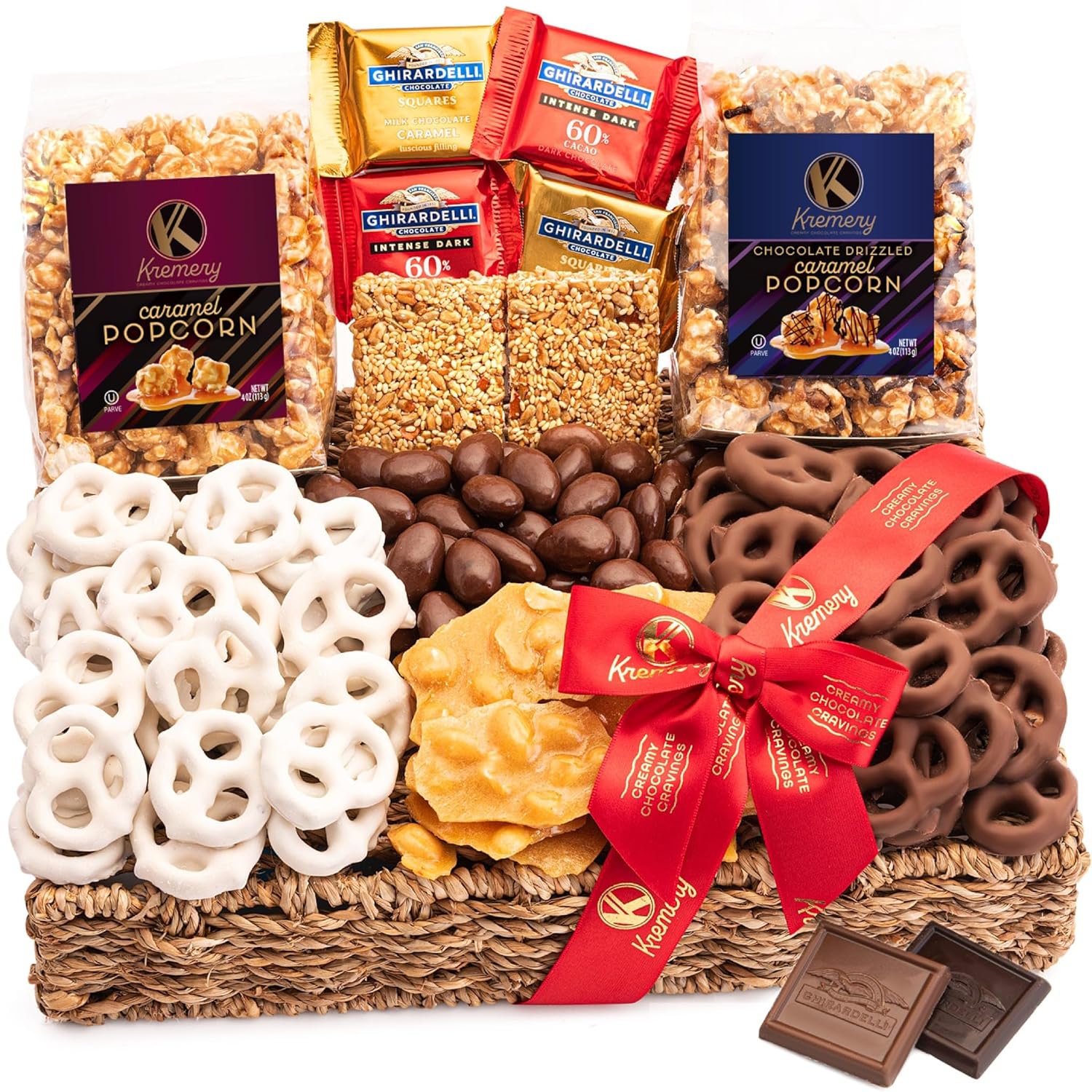 Kremery Creamy Chocolate Cravings - Chocolate Covered Pretzels & Caramel Popcorn Basket In Seagrass Tray + Ribbon Premium (2.5 Lbs) Appreciation Birthday Sweet Treats - Kosher Dairy