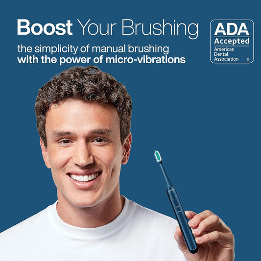 Aquasonic Icon Ada-Accepted Rechargeable Toothbrush | Magnetic Holder & Slim Travel Case | 2 Brushing Modes & Smart Timers | Gentle Micro-Vibrations (Navy)