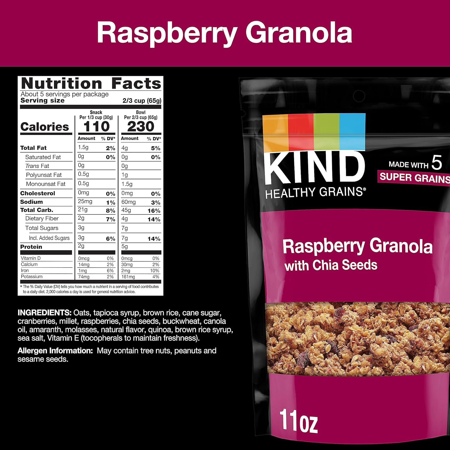 Kind Healthy Grains Clusters, Raspberry With Chia Seeds Granola, Gluten Free, 11 Ounce Bag