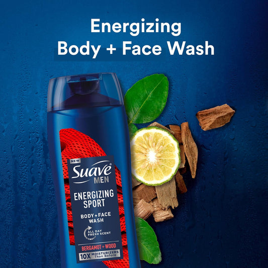 Suave Men Moisturizing Body & Face Wash, Energizing Sport With Bergamot & Wood Scent, No Parabens, No Phtahaltes, 18 Oz Pack Of 6