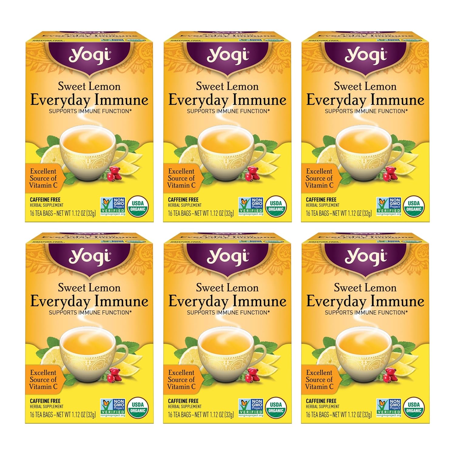 Yogi Tea Sweet Lemon Everyday Immune Tea - 16 Tea Bags Per Pack (6 Packs) - Daily Immune Support Tea - Delicious Lemon Tea Bags - Includes Tulsi, Lemongrass, Rose Hip, Lemon Peel & More