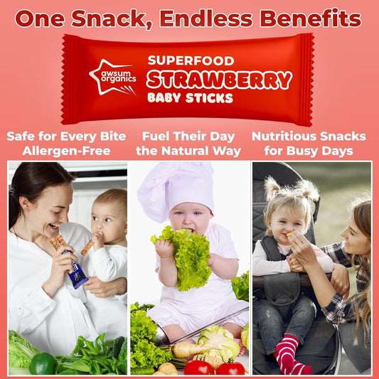 Awsum Snacks - Happy Healthy Baby Food - Snack For Babies - Natural Vegan Kosher Gluten Free - Natural Plant Based Puffs - Non-Allergy - Individual Bag 2 Sticks (Strawberry, 12 Bags)
