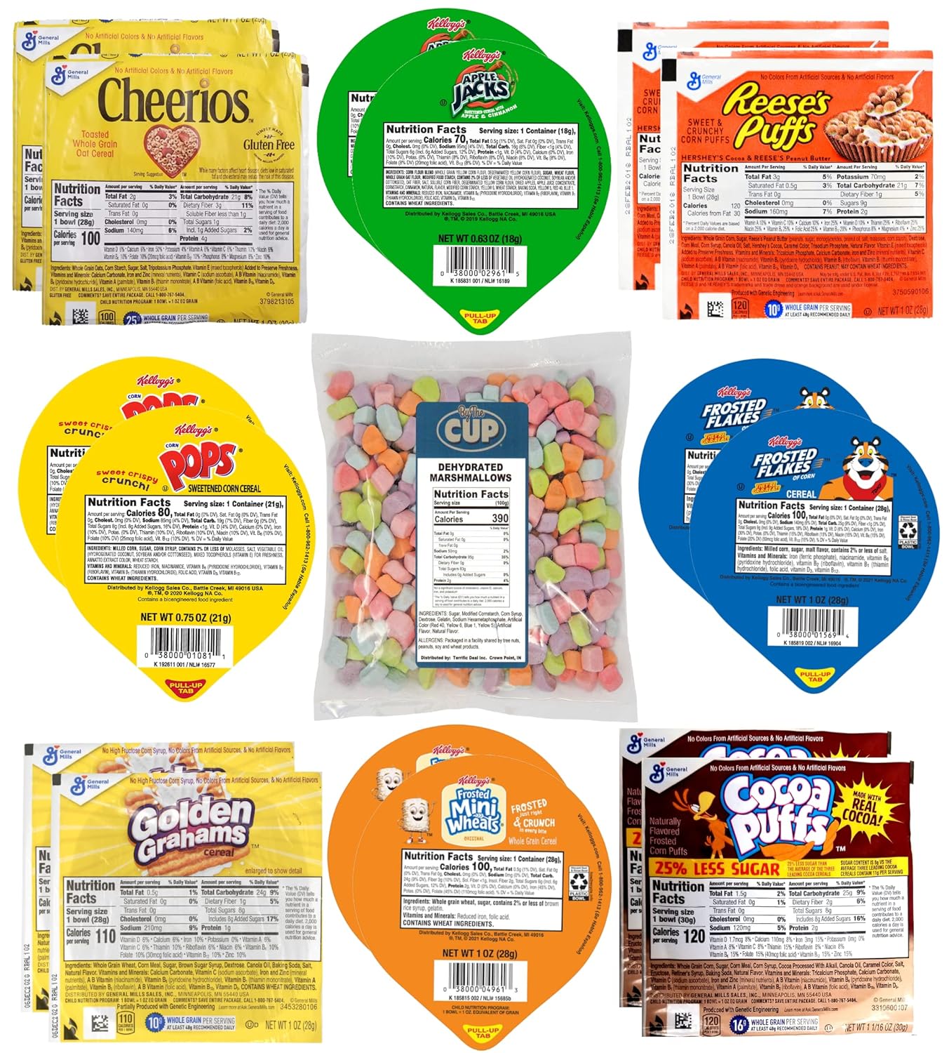 General Mills & Kellogg's Cereal Bowl Variety - Frosted Flakes, Frosted Mini Wheats, Cheerios, Cocoa Puffs and More with By The Cup Cereal Marshmallows