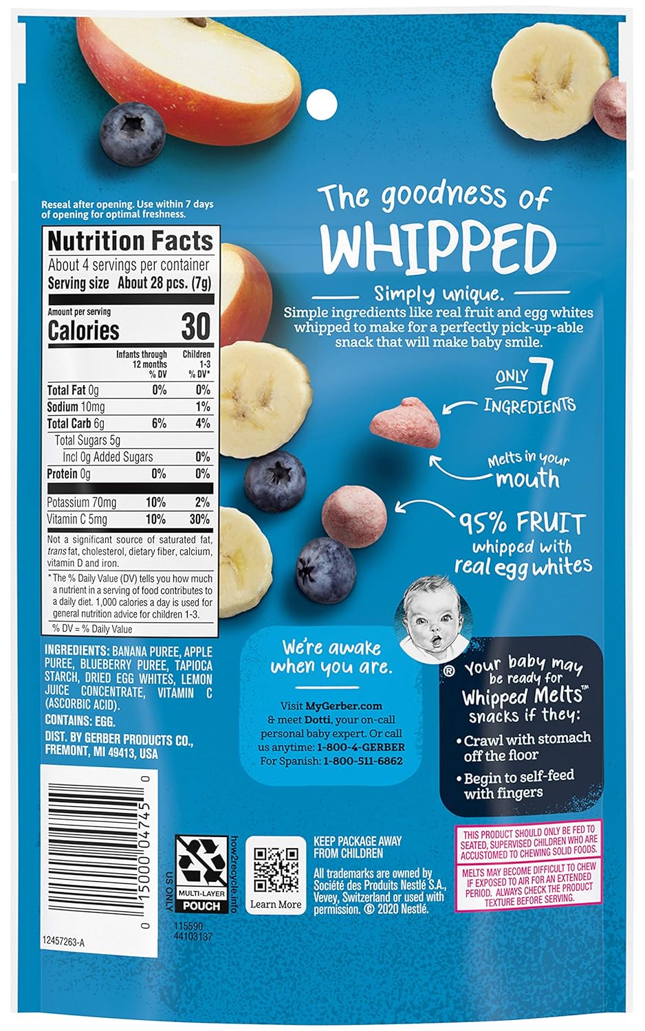 Gerber Natural for Baby Whipped Melts Baby Snack, Banana Apple Blueberry, Natural Freeze-Dried Fruit & Egg White Snack with Vitamin C, 1.0 OZ Resealable Pouch (Pack of 3) : Baby