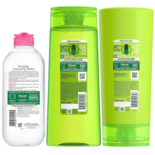 Garnier Back to School Bundle|Micellar Water (400mL) + Fructis Sleek & Shine Shampoo (22 Fl Oz), Conditioner (21 Fl Oz) (3 Items), 1 Kit (Packaging May Vary)