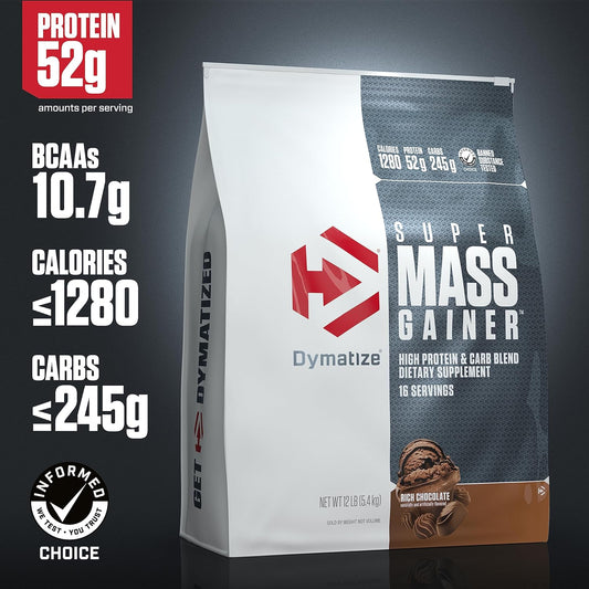 Dymatize Super Mass Gainer Protein Powder, 1280 Calories & 52G Protein,10.7G Bcaas, Mixes Easily, Tastes Delicious, Rich Chocolate, 12 Lbs