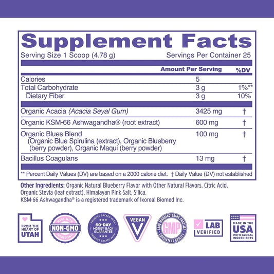 Zhou Nutrition USDA Organic Blue Spirulina Powder with KSM-66 Ashwagandha and Blueberry, Organic Superfood Powder, Antioxidants, Fiber, Mental Energy, Sleep, Digestion, Non-GMO, Vegan, 25 Servings