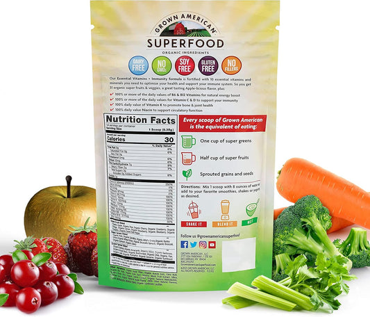 Grown American Superfood Ultra Vita-Immune Blend - 31 Organic Whole Fruits And Vegetables Concentrated Green Powder Increase Energy And Performance - 100% Vegan Non-Gmo (14 Servings, 1 Bag)
