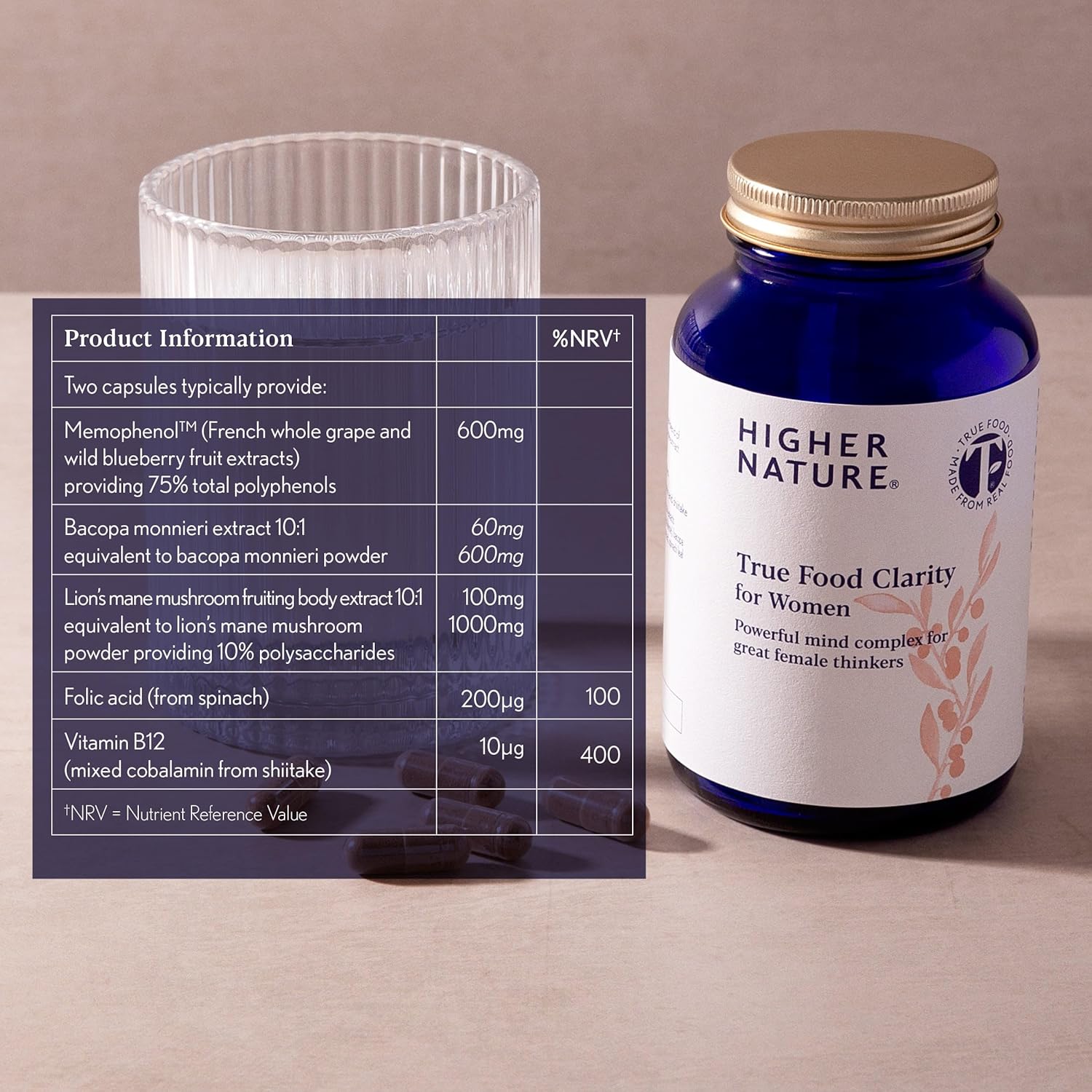 Higher Nature - True Food Clarity for Women - Nootropic - Support for Mental Clarity, Energy, Wellbeing & Cognitive Function - Lion's Mane & Vitamin B12 - Vegan - One Month Supply - 60 Capsules : Amazon.co.uk: Health & Personal Care