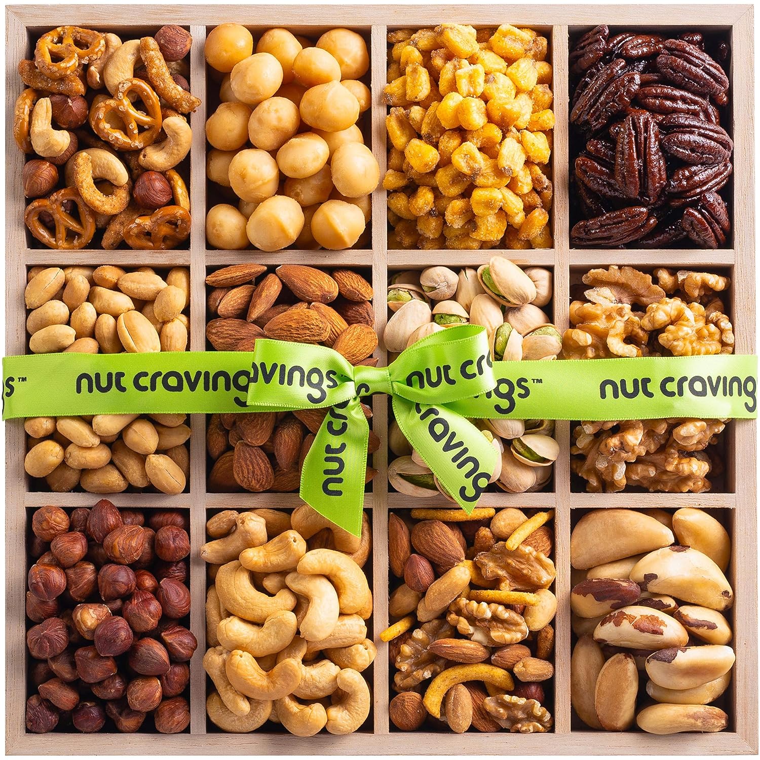 Nut Cravings Gourmet Collection - Mothers Day Mixed Nuts Gift Basket in Reusable Wooden Tray + Green Ribbon (12 Assortments) Arrangement Platter, Healthy Kosher USA Made