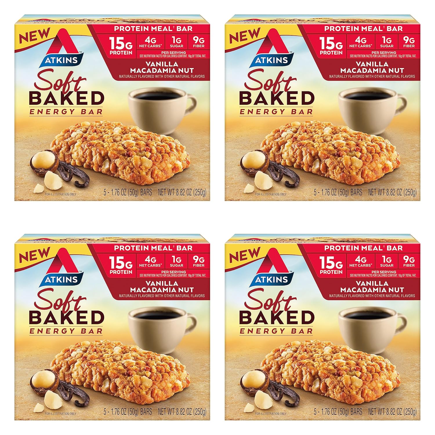 Atkins Soft Baked Energy Bars, Vanilla Macadamia Nut, 15G Protein, 1G Sugar, Excellent Source Of Fiber, Low Carb, 4 Packs (5 Bars Each)