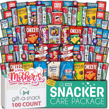 Gift A Snack - Mothers Day Snack Box Care Package Variety Pack + Greeting Card (100 Count) Sweet Treats Gift Basket, Candies Chips Crackers Bars, Crave Food Assortment