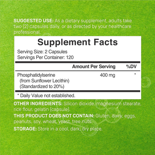 Phosphatidylserine Supplement, 400Mg Serving, 240 Capsules – Soy Free Sunflower Lecithin Source