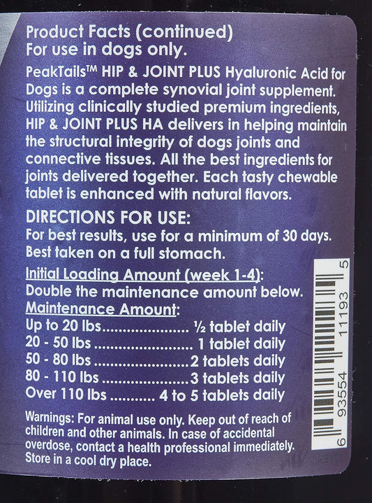 Kala Health Peaktails Hip & Joint Plus Ha For Dogs – 90 Tablets, Glucosamine, Chondroitin, Optimsm, Vitamin C & Hyaluronic Acid – Supports Joint Mobility & Comfort