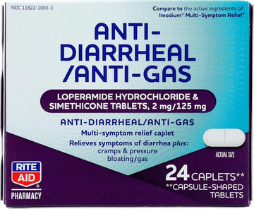 Rite Aid Anti-Diarrheal & Anti-Gas Caplets - 24 Count, Multi-Symptom Relief For Diarrhea And Gas, Loperamide Hci 2 Mg And Simethicone 125 Mg