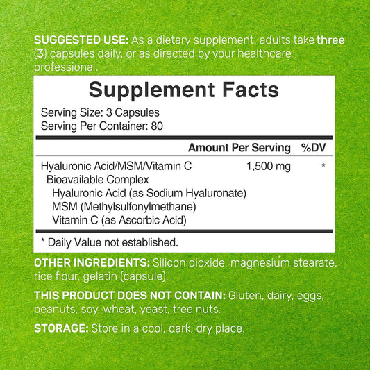 Hyaluronic Acid Supplements 1,500*Mg – 240* Capsules, With Msm & Vitamin C – Pure 95% | Non-Gmo + Plant Based Ha – Supports Healthy Joints, Bones, Connective Tissue, & Skin Hydration
