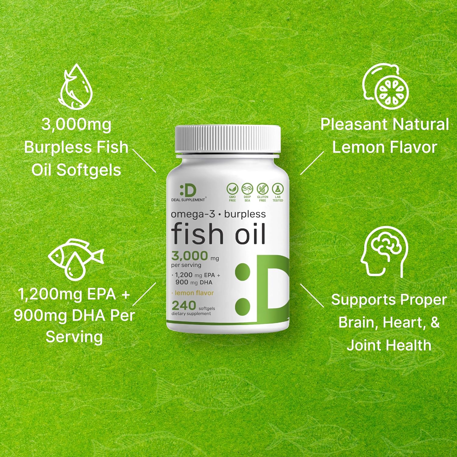 Omega 3 Fish Oil Supplements, 3,000mg Per Serving, 240 Softgels – EPA 