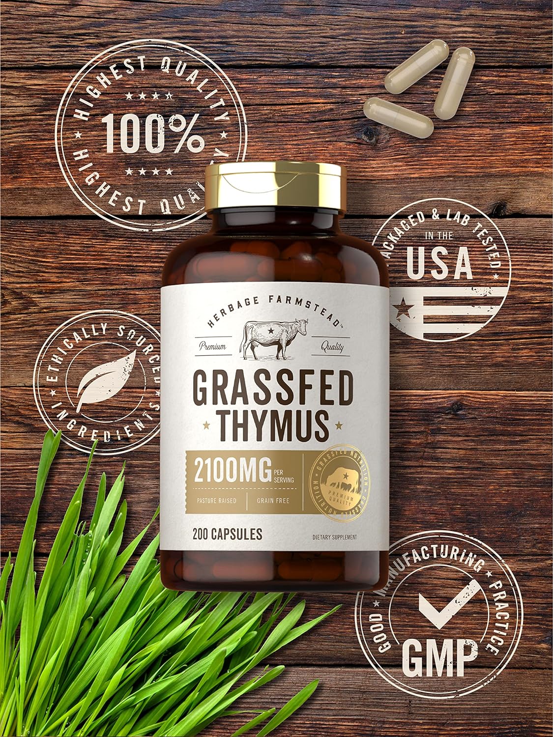 Carlyle Grass Fed Beef Thymus Supplement | 4200mg | 200 Capsules | Pasture Raised, Non-GMO, Gluten Free | by Herbage Farmstead : Health & Household