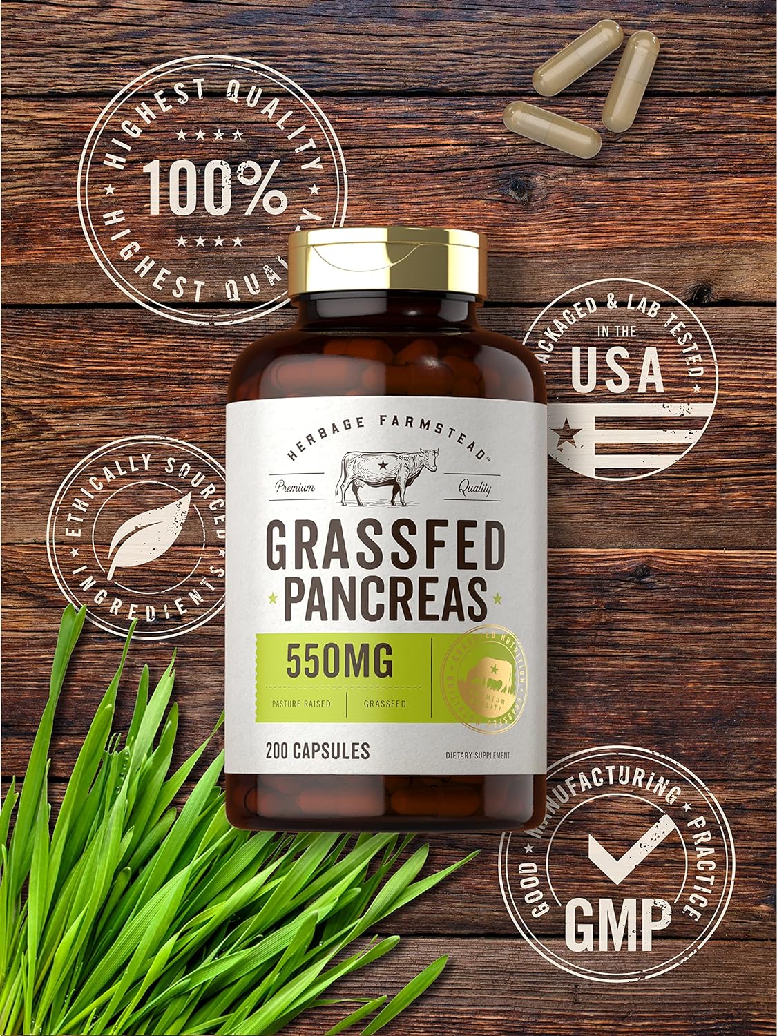 Carlyle Grass Fed Beef Pancreas | 550mg | 200 Capsules | Desiccated Pasture Raised Bovine Supplement | Non-GMO, Gluten Free | by Herbage Farmstead : Health & Household