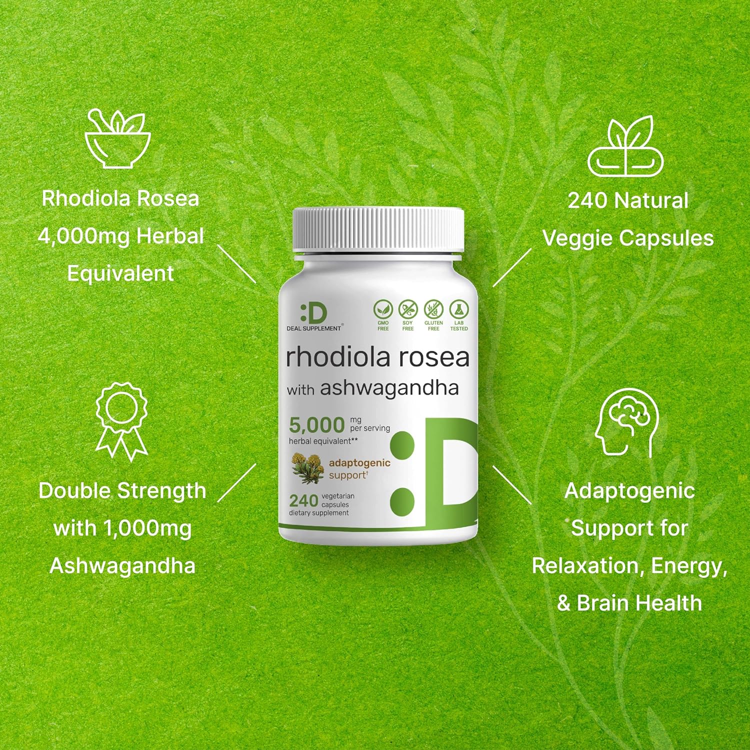 DEAL SUPPLEMENT Rhodiola Rosea with Ashwagandha 5,000mg Per Serving, 240 Veggie Capsules – Max Strength 10:1 Root Extract – Adaptogenic Supplements for Relaxation, Energy, & Brain Health – Non-GMO : Health & Household