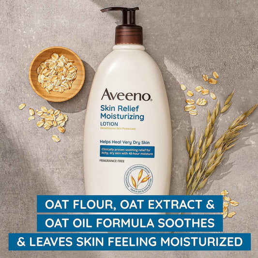 Aveeno Skin Relief Fragrance-Free Moisturizing Lotion For Sensitive Skin, With Natural Shea Butter & Triple Oat Complex, Unscented Therapeutic Body Lotion For Itchy, Extra-Dry Skin, 18 Fl. Oz