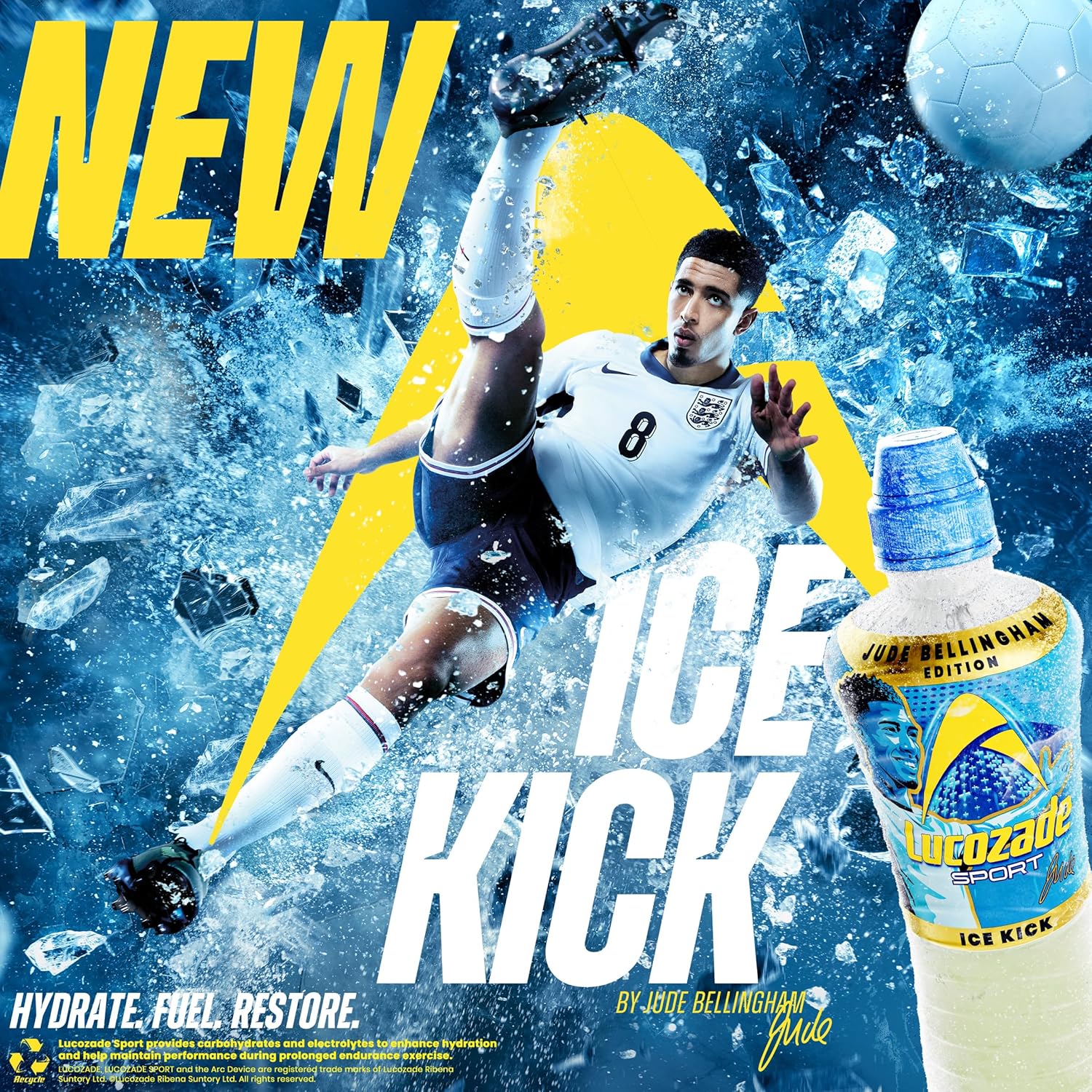 Lucozade Sport Ice Kick, Jude Bellingham Edition, 500Ml (Pack Of 12), Isotonic Sports Drink With Electrolytes And Vitamin B3 | Still | Bursting With Flavour