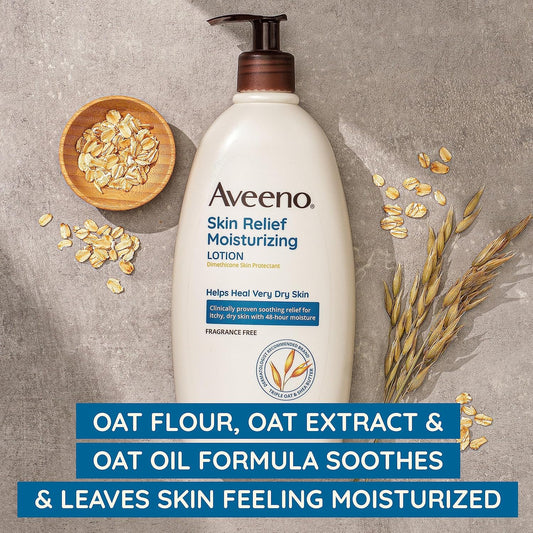 Aveeno Skin Relief 24-Hour Moisturizing Lotion For Sensitive Skin With Natural Shea Butter & Triple Oat Complex, Unscented Therapeutic Lotion For Extra Dry, Itchy Skin, 12 Fl. Oz