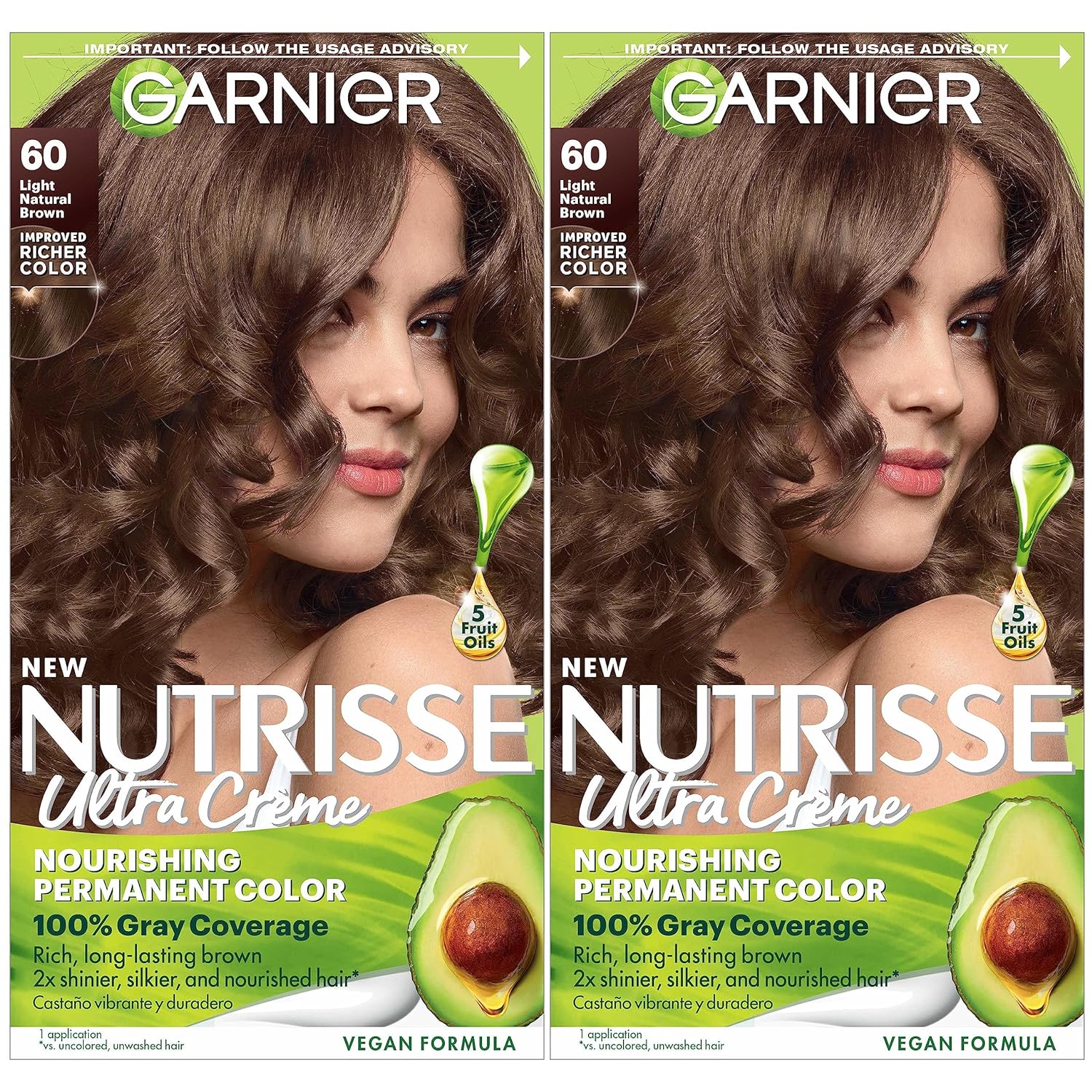 Garnier Hair Color Nutrisse Nourishing Creme, 60 Light Natural Brown (Acorn) Permanent Hair Dye, 2 Count (Packaging May Vary)