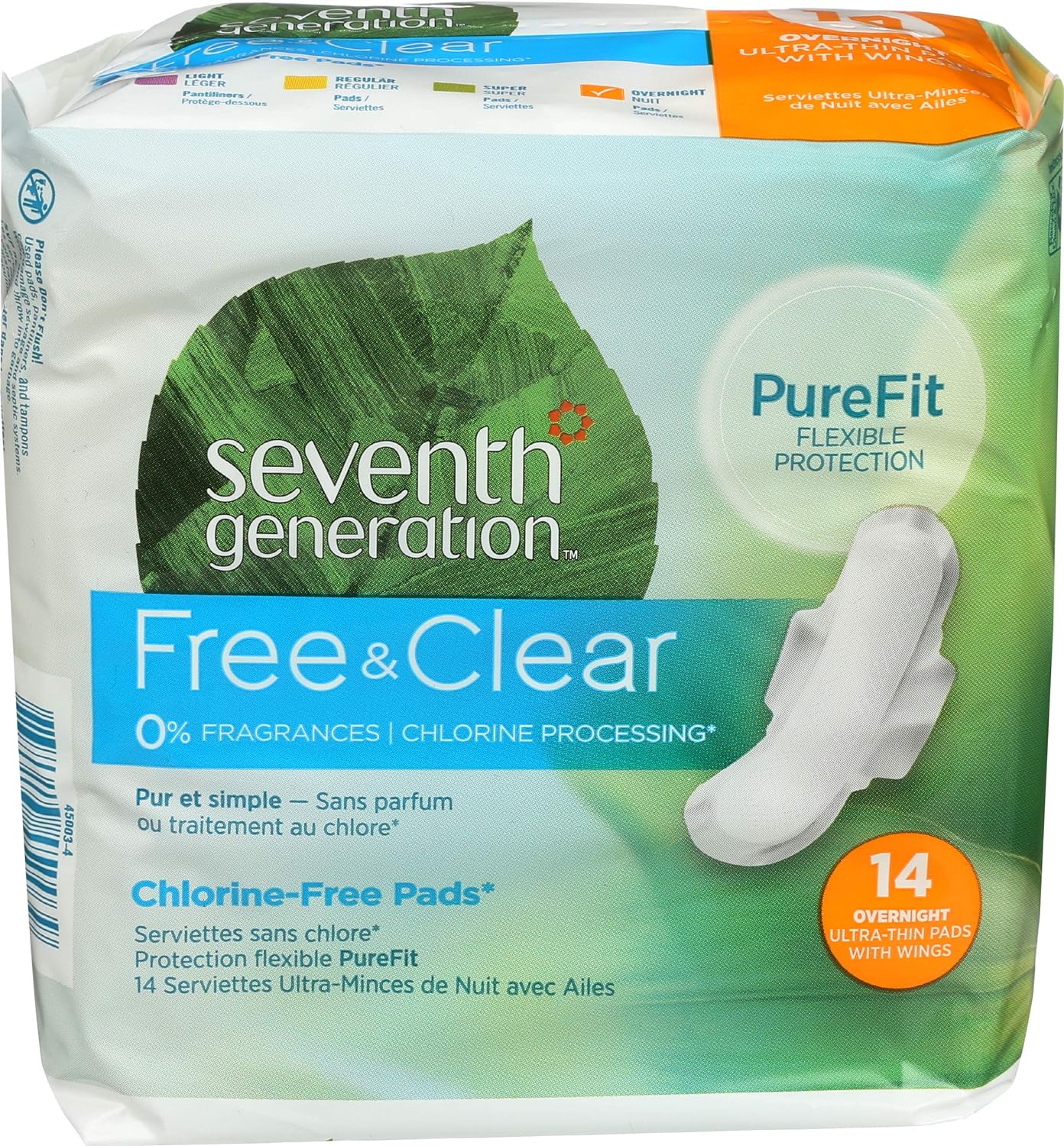 Seventh Generation Ultrathin Pads, Overnight with wings, Free & Clear Chlorine Free, 14 count(package may vary)