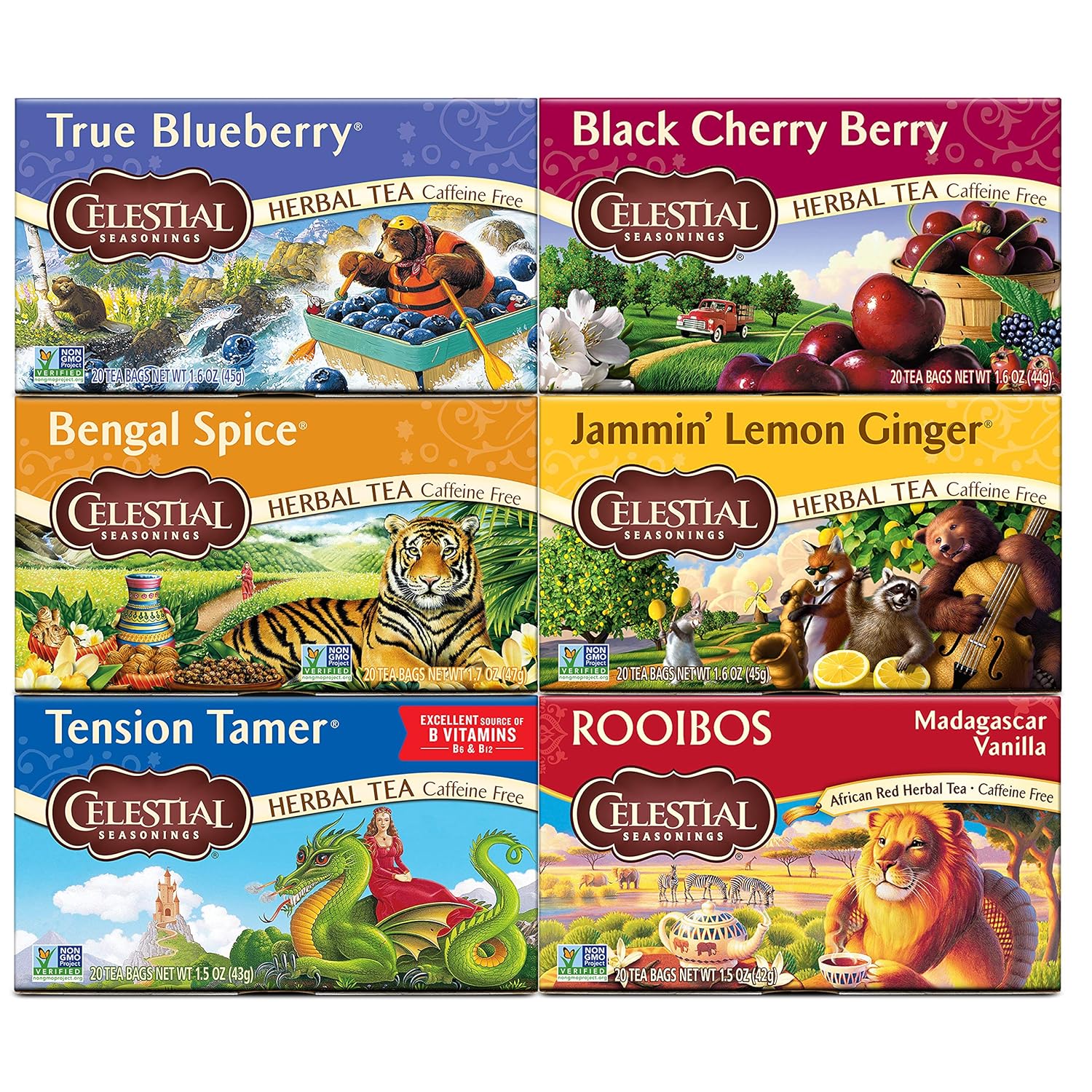 Celestial Seasonings Herbal Tea Variety Pack, Herbal Tea Set With Rooibos, Blueberry, Tension Tamer, Cherry Berry, Bengal Spice, And Lemon Ginger Tea, 20 Caffeine Free Tea Bags Each (Pack Of 6)