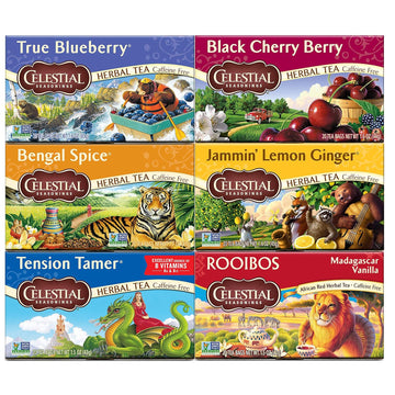Celestial Seasonings Herbal Tea Variety Pack, Herbal Tea Set With Rooibos, Blueberry, Tension Tamer, Cherry Berry, Bengal Spice, And Lemon Ginger Tea, 20 Caffeine Free Tea Bags Each (Pack Of 6)