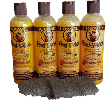 Howard Feed N Wax 16 oz x 4 Bottles, Beeswax Furniture Polish Great For Dry and Damaged Wood, Restore Kitchen Cabinets, Restore Antiques and Wood Paneling