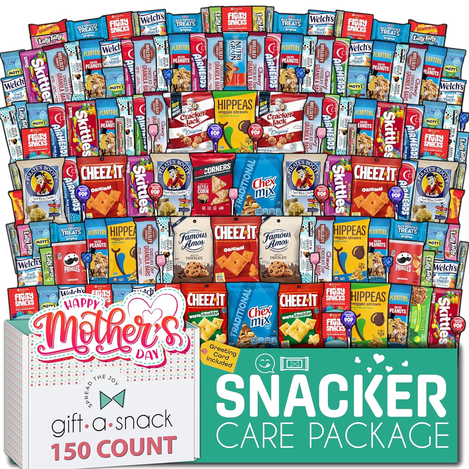 Gift A Snack - Mothers Day Snack Box Care Package Variety Pack + Greeting Card (150 Count) Sweet Treats Gift Basket, Candies Chips Crackers Bars, Crave Food Assortment