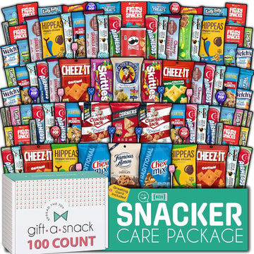 Gift A Snack - Back To School Gifts For Students Snack Box Care Package Variety Pack + Greeting Card (100 Count) Birthday Sweet Treats Gift Basket, Candies Chips Crackers Bars, Food Assortments Variety