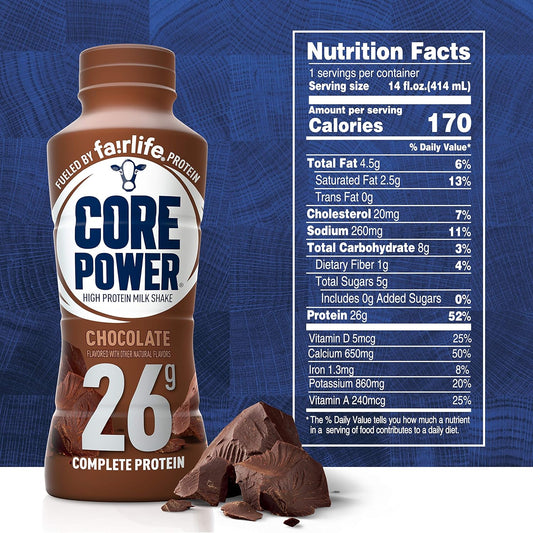 Core Power Fairlife 26G Protein Milk Shakes, Liquid Ready To Drink For Workout Recovery, Chocolate, 14 Fl Oz Bottle (Pack Of 12)