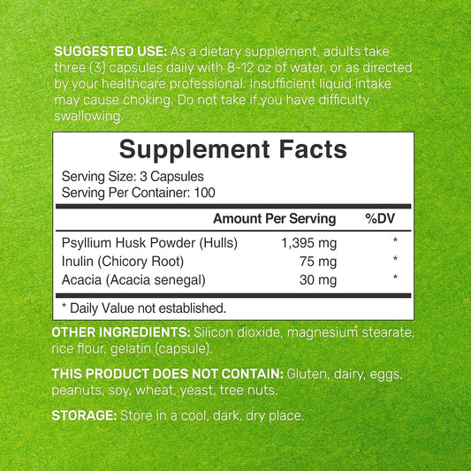 Psyllium Husk 1500mg Per Serving, 300 Capsules ? 3 in 1 Fiber with Inulin & Acacia Complex ? Natural Soluble Fiber Supplement, Supports Digestive Health ? Plant Based, Non-GMO