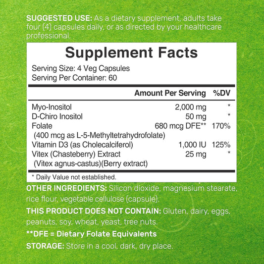 Myo-Inositol & D-Chiro Inositol Supplement (40:1) 2,050Mg Per Serving, 240 Veggie Capsules – With Folate, Vitamin D3, & Vitex Complex – Women Health Supplements – Non-Gmo