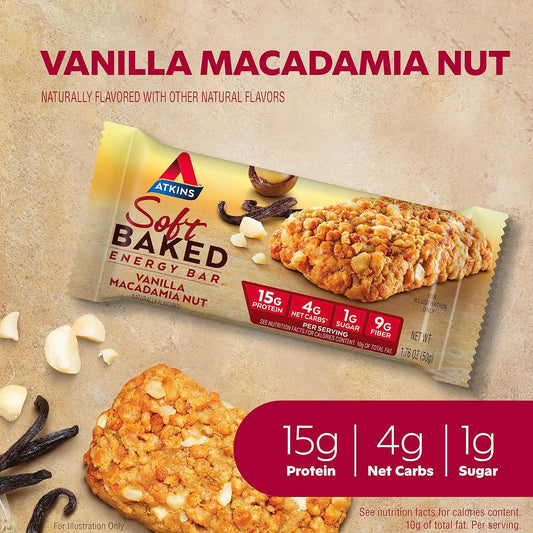 Atkins Soft Baked Energy Bars, Vanilla Macadamia Nut, 15G Protein, 1G Sugar, Excellent Source Of Fiber, Low Carb, 4 Packs (5 Bars Each)