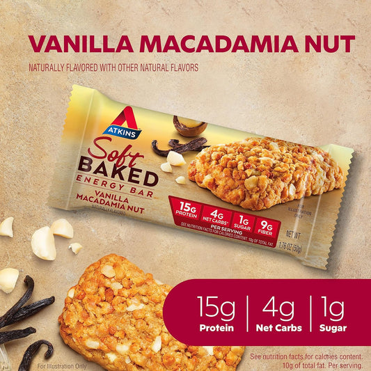 Atkins Soft Baked Energy Bars, Vanilla Macadamia Nut, 15g Protein, 1g Sugar, Excellent Source of Fiber, Low Carb, 4 Packs (5 Bars Each)