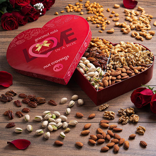 Nut Cravings Gourmet Collection - Mothers Day Mixed Nuts Heart Shaped Gift Basket, Love in A Box (6 Assortments) Romantic Arrangement Platter, Healthy Kosher USA Made