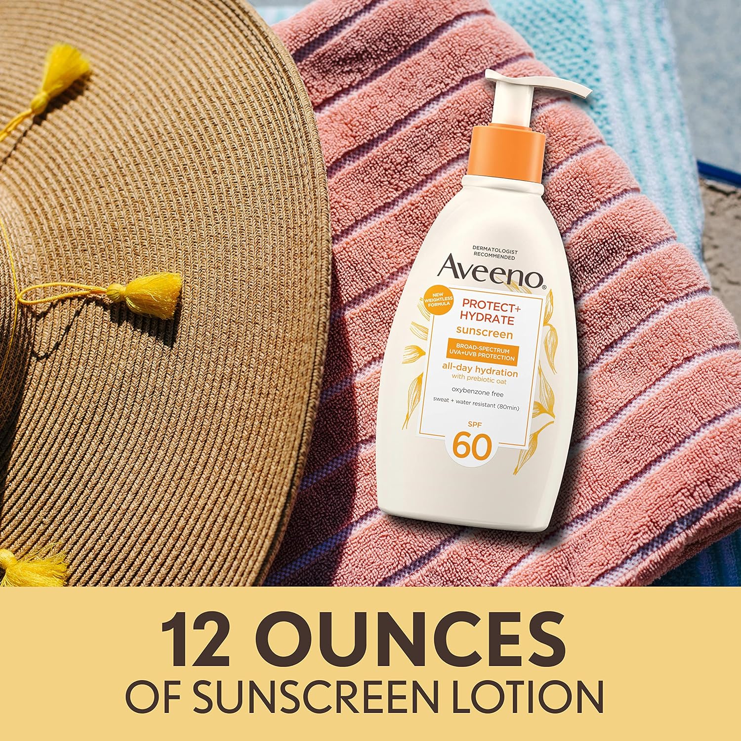 Aveeno Protect + Hydrate Sunscreen Moisturizing Body Lotion with Broad Spectrum SPF 60 and Prebiotic Oat, Weightless, Paraben, Oxybenzone, and Oil Free Sunscreen, 12 FL OZ : Beauty & Personal Care