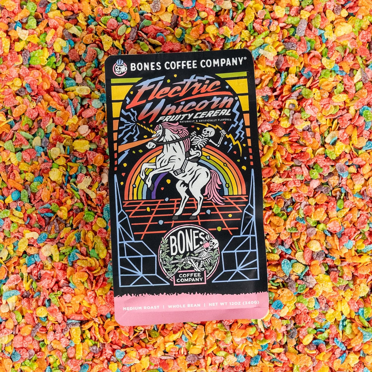 Bones Coffee Company Electric Unicorn Flavored Whole Coffee Beans Fruity Cereal With Milk Flavor | 12 oz Medium Roast Arabica Low Acid Coffee | Gourmet Coffee (Whole Bean) : Grocery & Gourmet Food