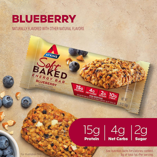 Atkins Soft Baked Energy Bars, Blueberry, 15g Protein,2g Sugar, Excellent Source of Fiber, Low Carb, 4 Packs (5 Bars Each)